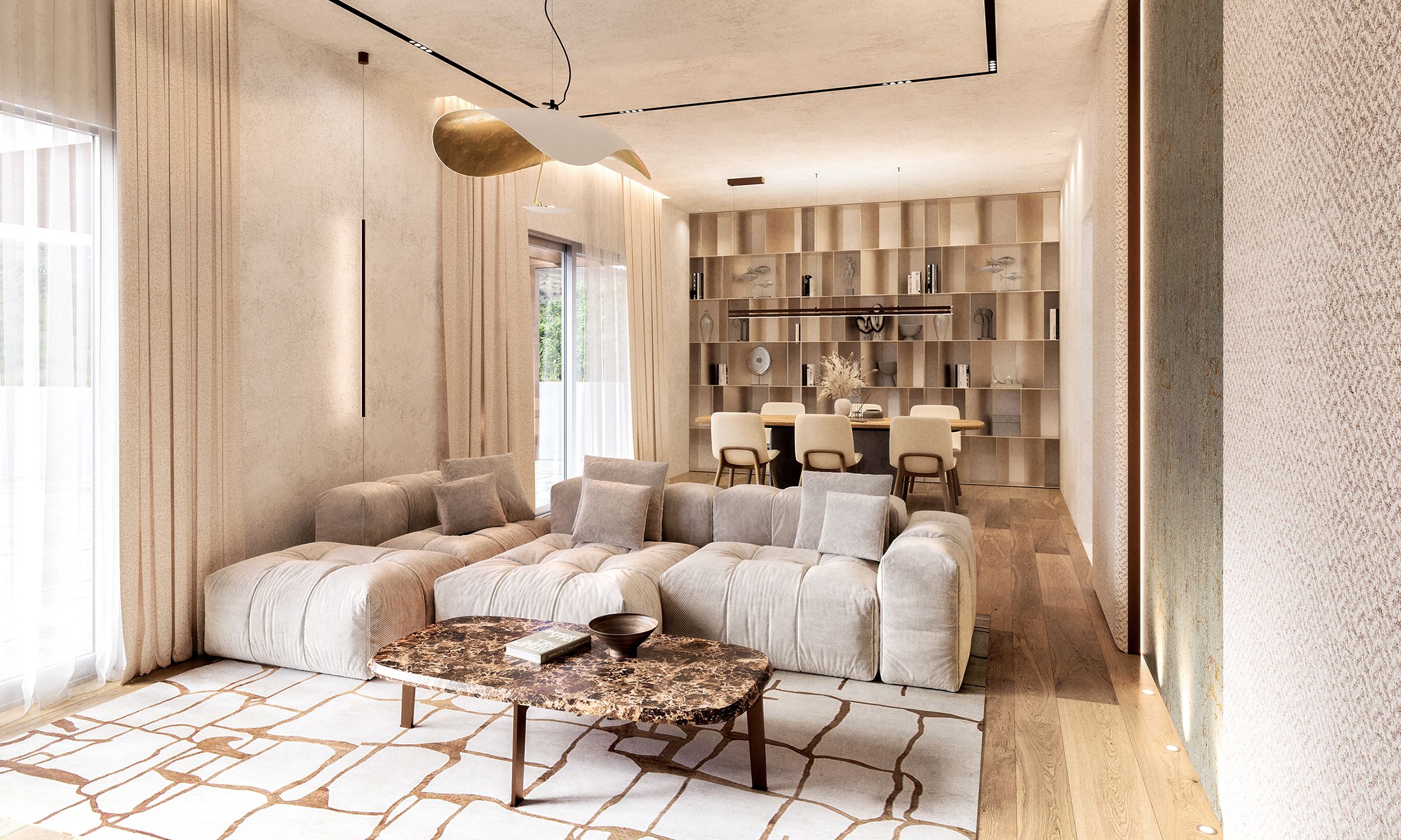 Interior rehabilitado de ático en un edificio neoclásico de Barcelona con tonos cálidos y acentos de bronce