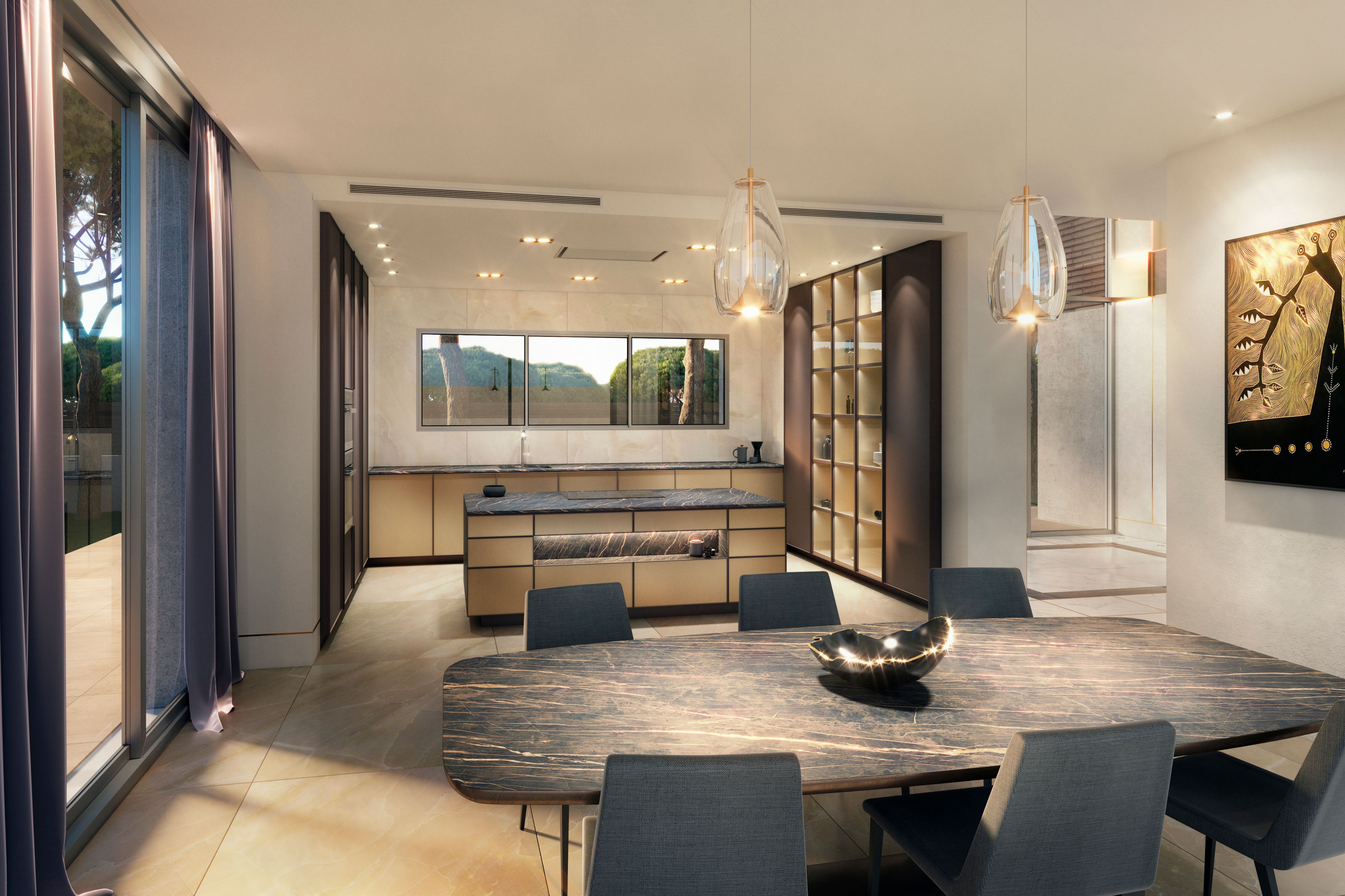 Cocina y comedor en tonos claros con detalles clásicos depurados reinterpretados en clave contemporánea